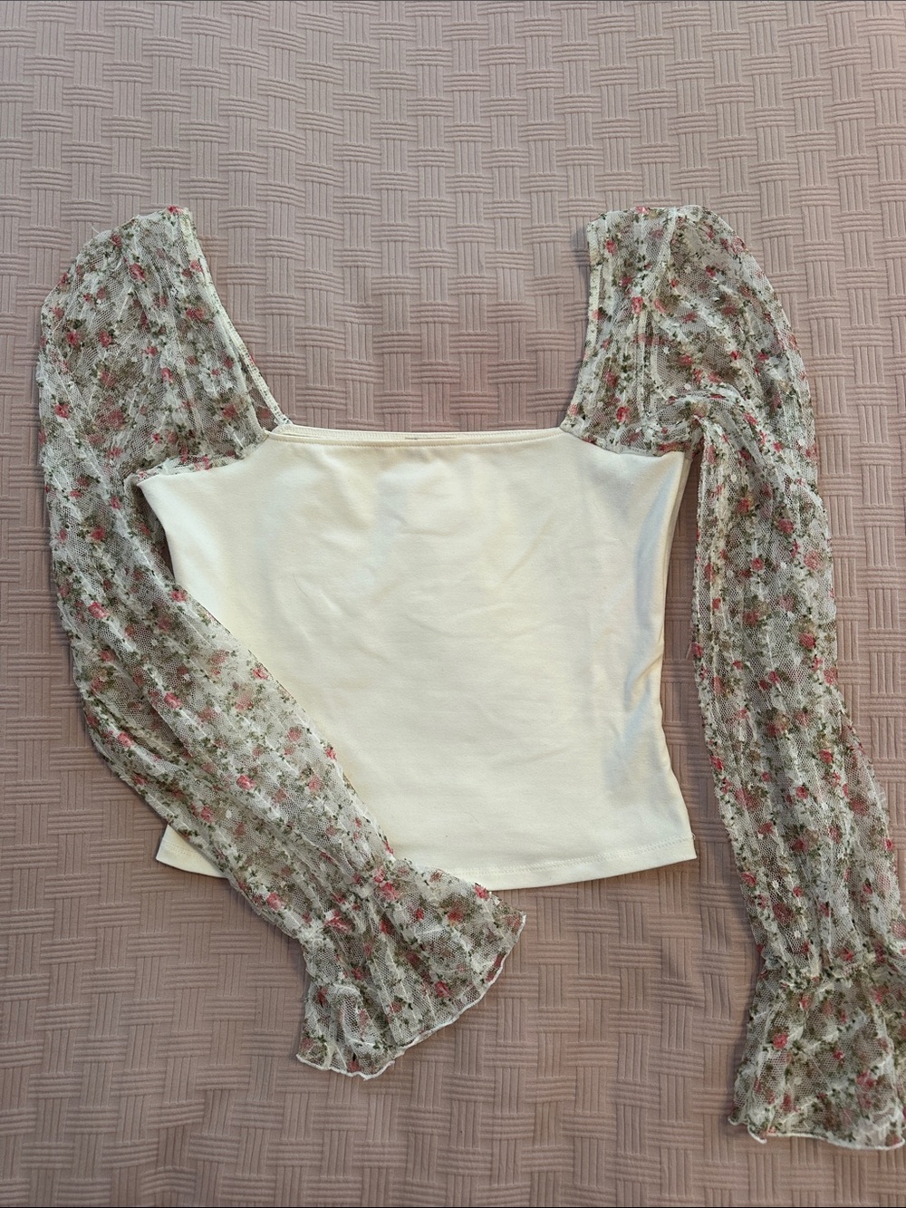 Cream Square-Neck Crop Top with Floral Sheer Puff Sleeves